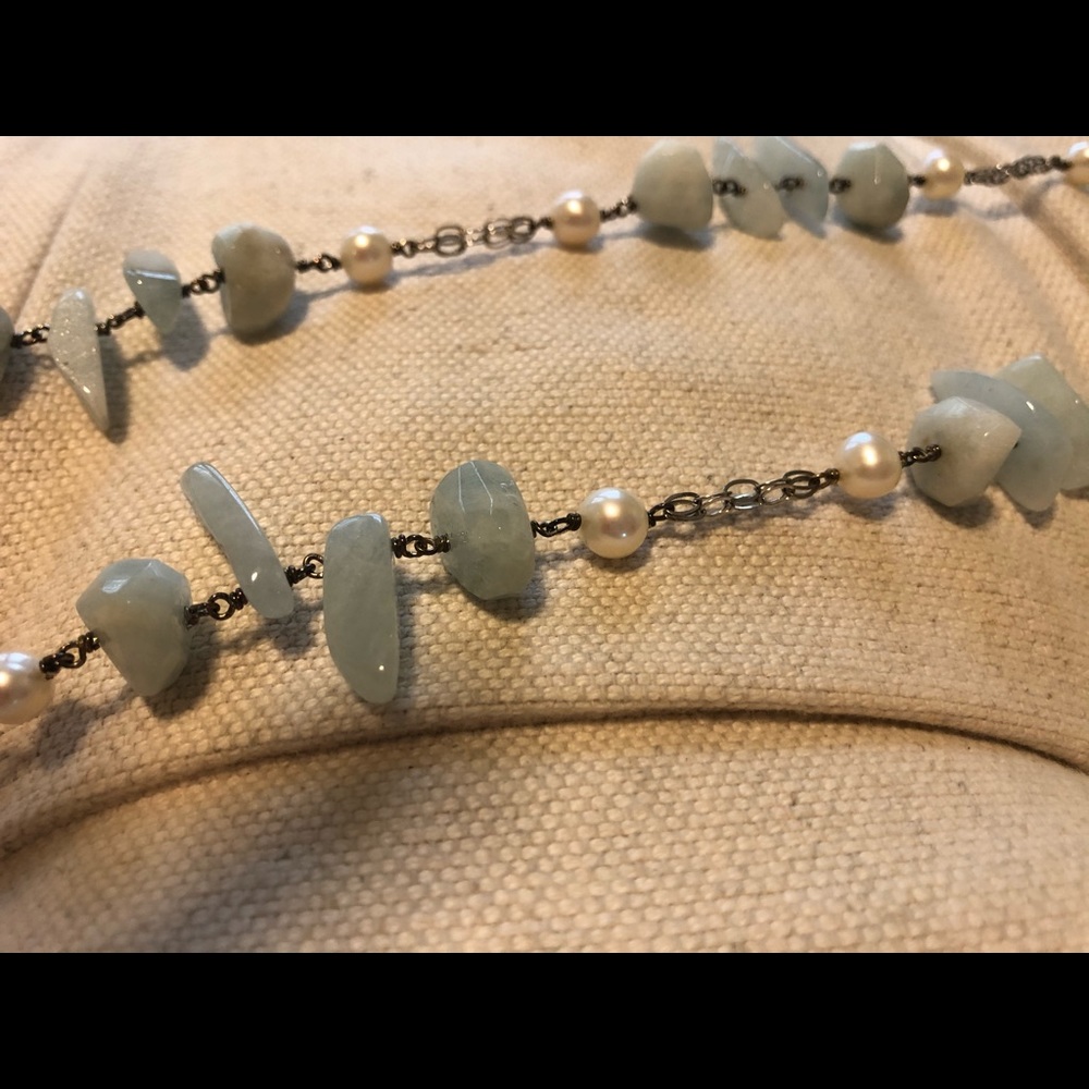 Unique Silver, Aquamarine & Pearl long necklace